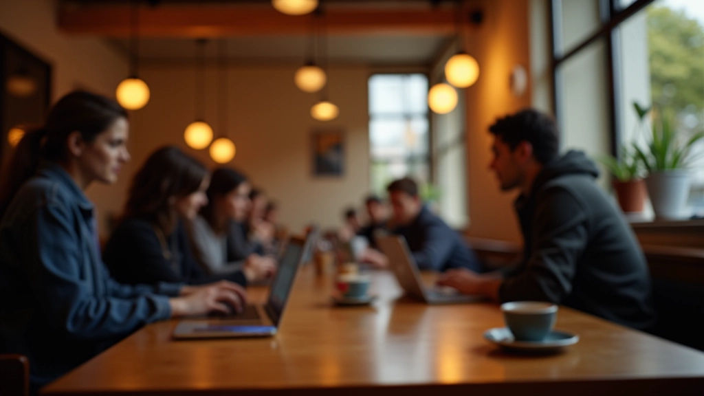 Café aconchegante com estudantes a trabalhar em mesas pequenas com laptops e livros