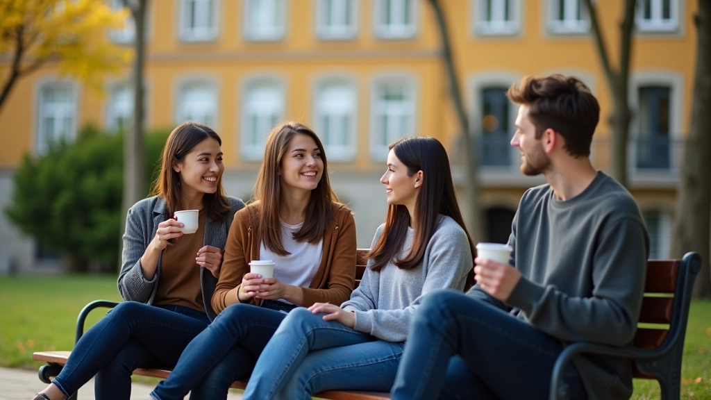 Grupo de estudantes a conversar num banco da universidade com mochilas e livros