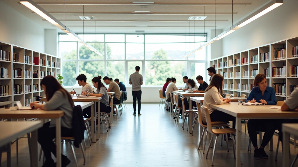 Biblioteca moderna com mesas de estudo bem iluminadas e estudantes concentrados a trabalhar