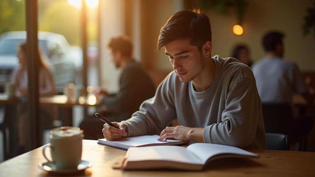 Estudante a estudar num café com livros e caderno aberto