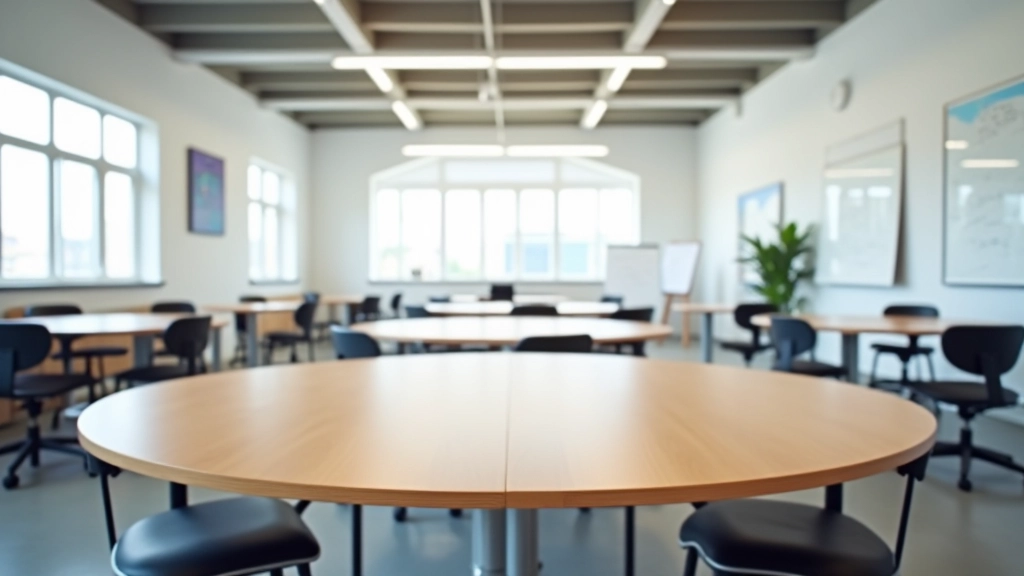 Espaço colaborativo universitário com mesas redondas para trabalho em grupo e quadros brancos